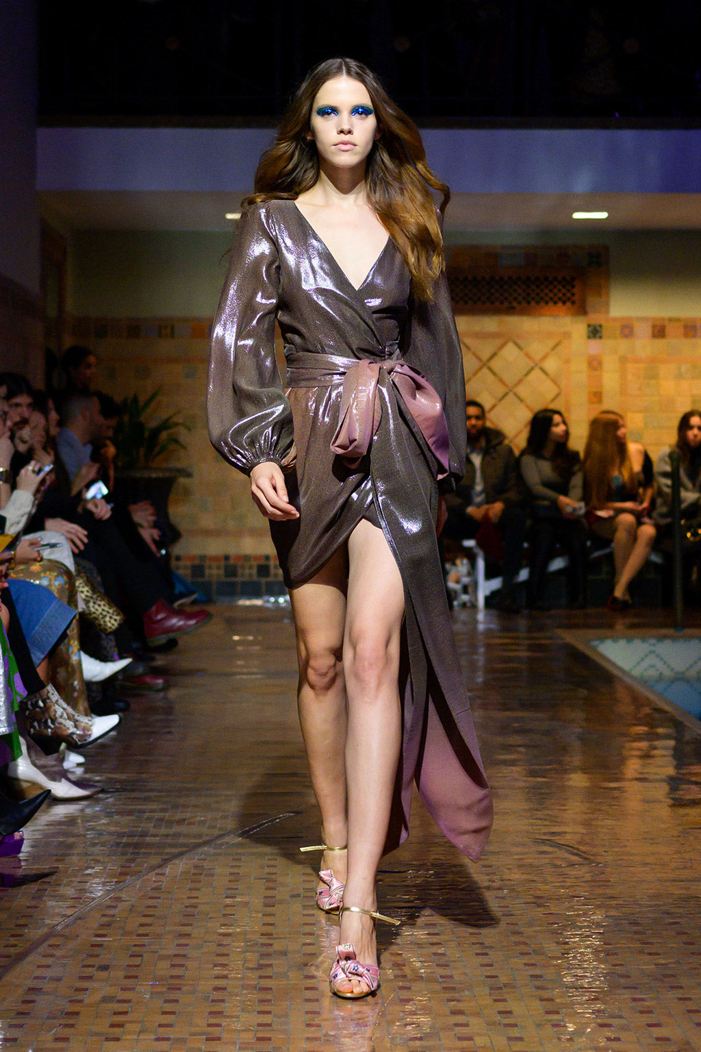 Cynthia Rowley Fall 2019 look 30 featuring a purple metallic long sleeve maxi dress with mid thigh slit 