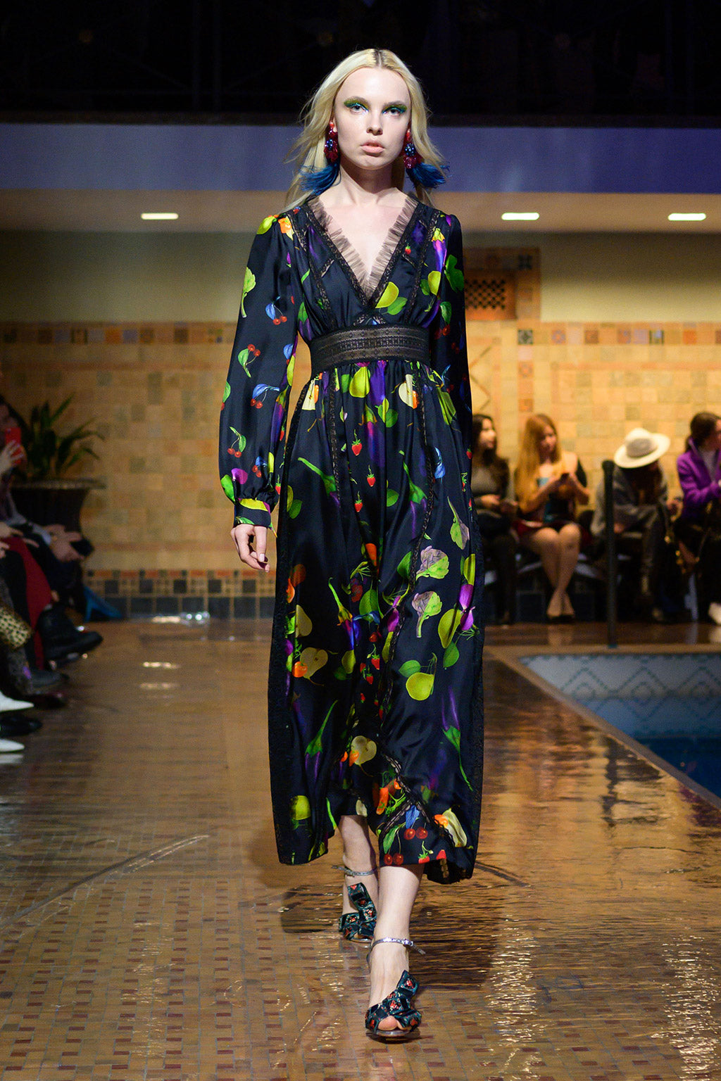 Cynthia Rowley Fall 2019 look 1 featuring a mini dress with elbow length sleeves and tulle in a fruit print