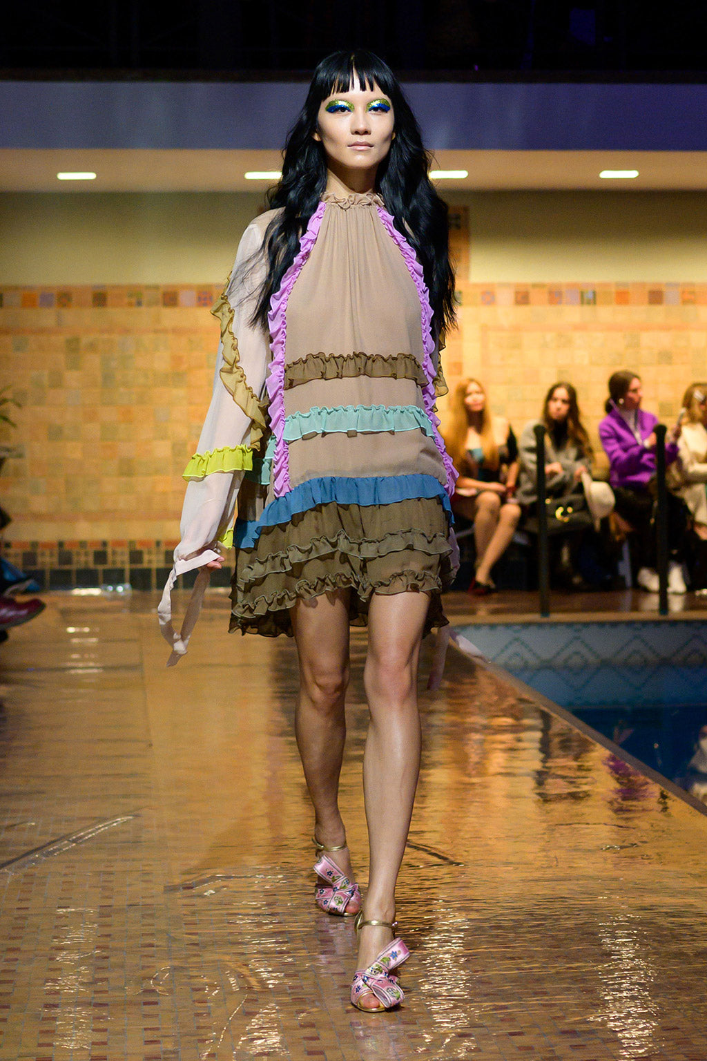 Cynthia Rowley Fall 2019 look 33 featuring a mini multicolored ruffle dress with greens, blues, and purples