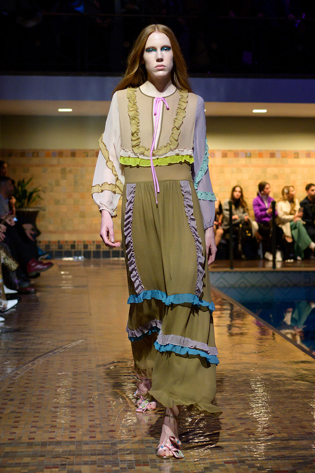 Cynthia Rowley Fall 2019 look 34 featuring a multicolored maxi ruffle dress with greens, purples, and blues