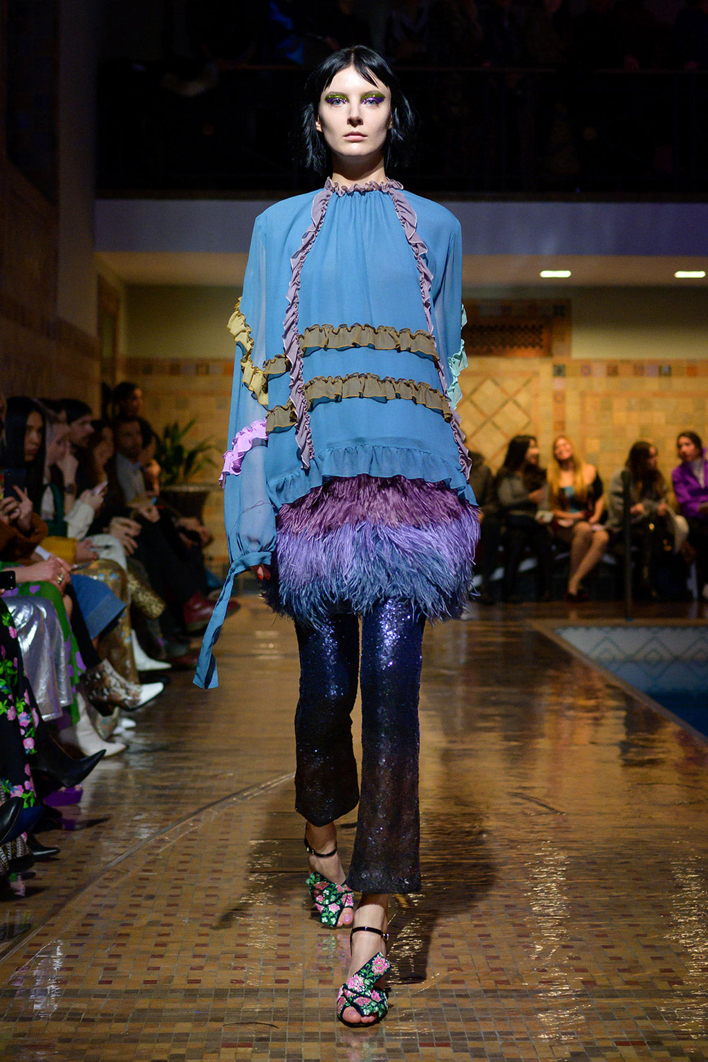 Cynthia Rowley Fall 2019 look 35 featuring multi colored ruffle top and sequin pants 