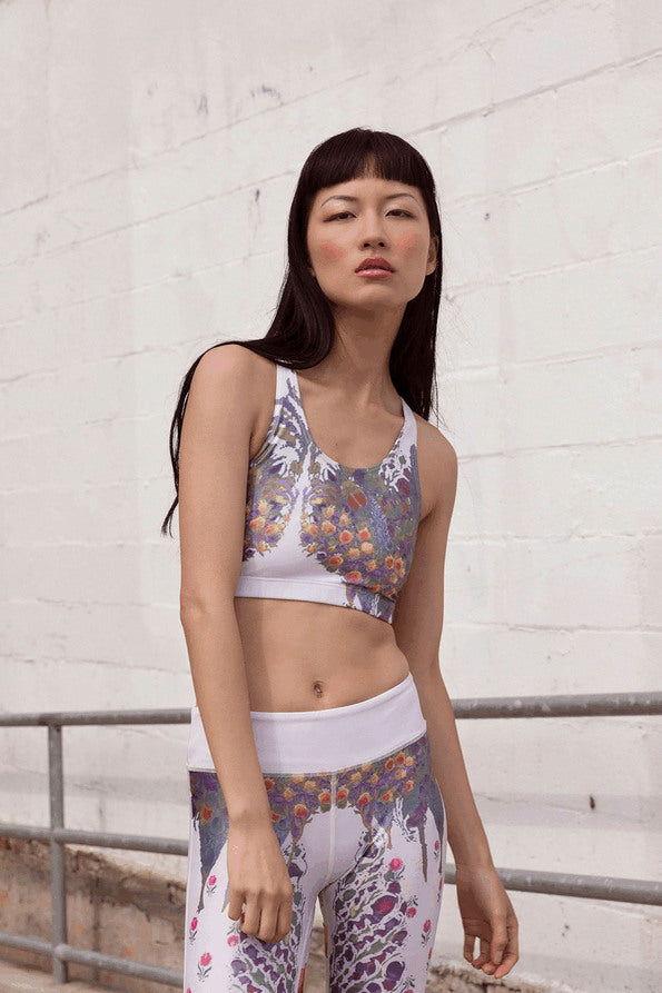 Resort Surf & Swim 2019 Collection look 19 features a grey and white floral crop top and matching yoga pants