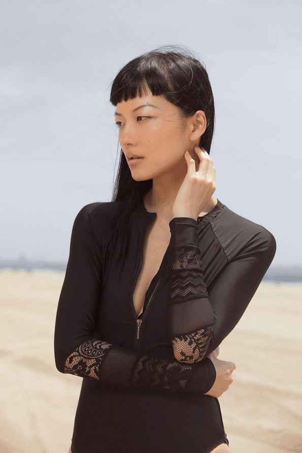 Resort Surf & Swim 2019 Collection look 4 features a surfsuit with long sleeves, mesh and lace accents and a front zipper