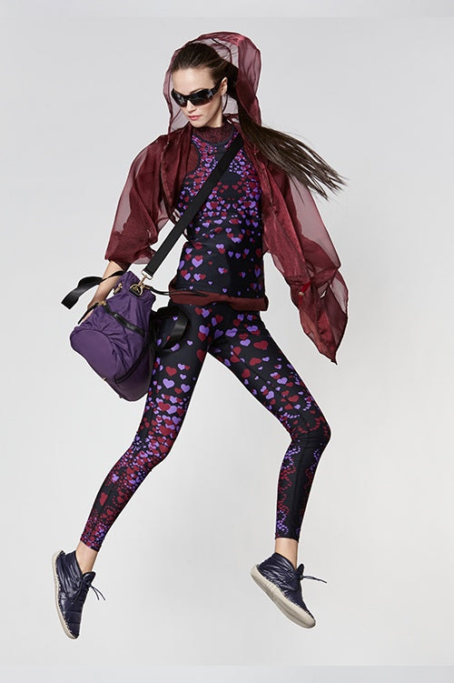 Cynthia Rowley Fall Fitness 2015 look 6 featuring mini hearts print leggings and tank bra top, and sheer burgundy hoodie sweatshirt