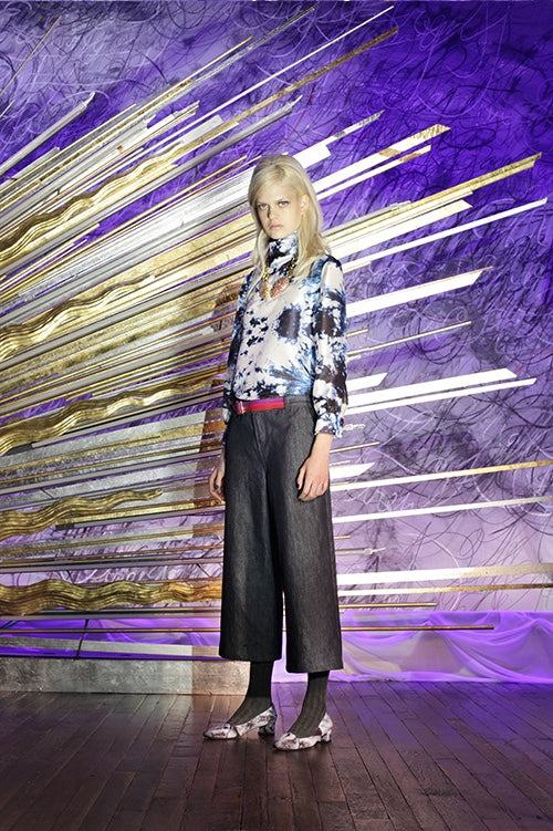 Cynthia Rowley Fall 2014 look 15 featuring a white grey black and blue long sleeve silk printed blouse with high neck and dark grey wide legged trousers