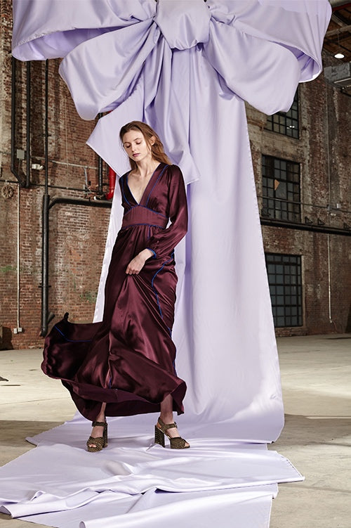 Cynthia Rowley Fall 2017 Look 30 featuring a burgundy silk charmeuse maxi dress with blue piping