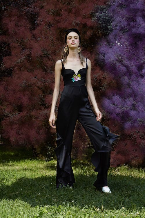 Cynthia Rowley Resort 2018 Look 14 featuring a silk satin black jumpsuit