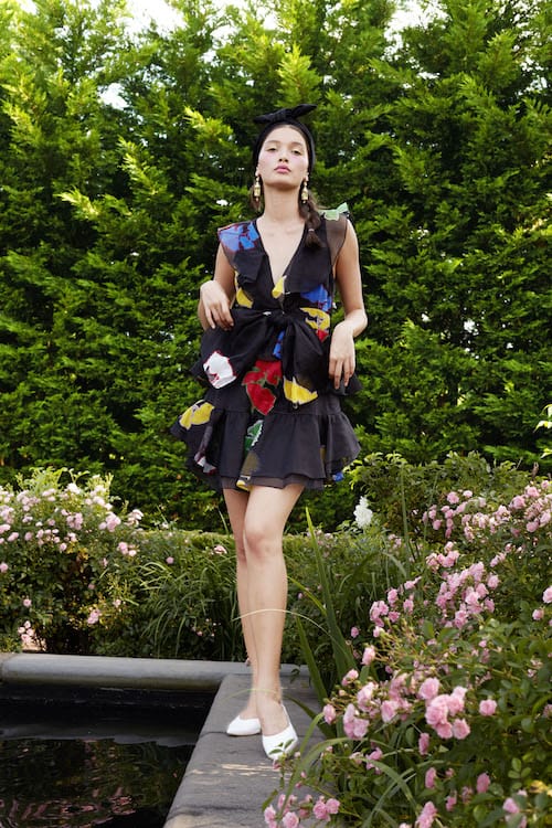 Cynthia Rowley Resort 2018 Look 27 featuring a sheer cotton ruffle mini dress in rainbow poppy print