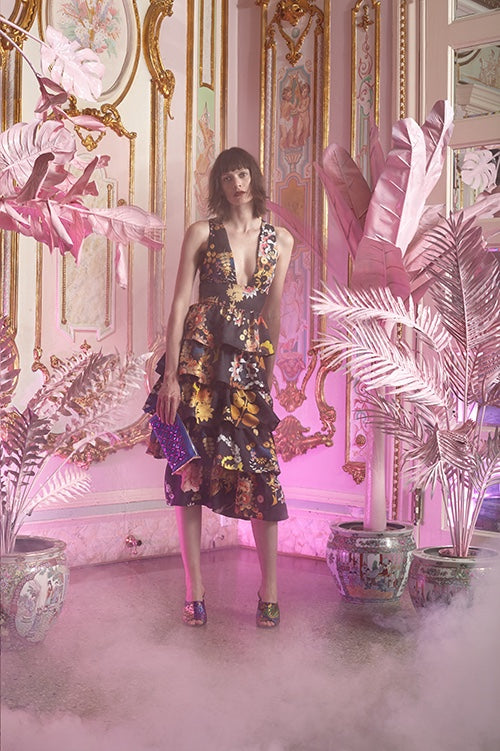 Cynthia Rowley Resort 2016 look 15 featuring a ruffled v-neck midi dress in floral printed silk twill 