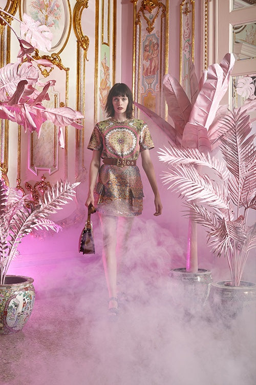 Cynthia Rowley Resort 2016 look 22 featuring a bonded nylon paisley print t-shirt and pastel jacquard mini skirt with front pockets and leather belt