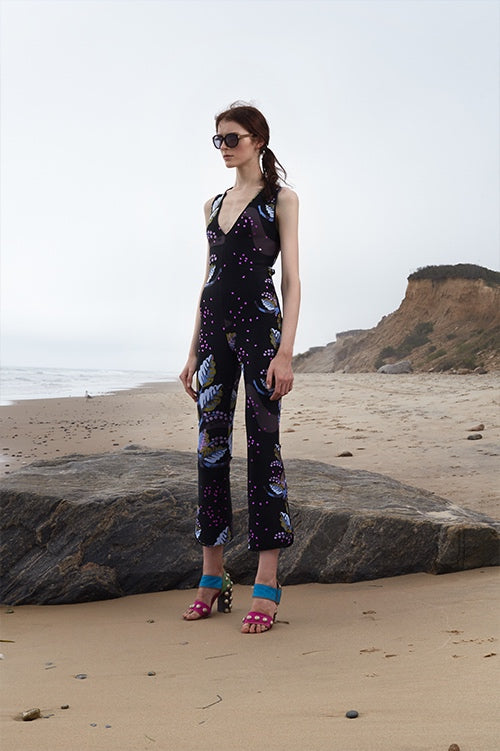Cynthia Rowley Spring 2016 look 29 featuring a black leaf printed bonded nylon v-neck jumpsuit