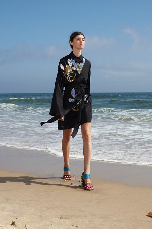 Cynthia Rowley Spring 2016 look 4 featuring featuring a polished cotton kimono wrap dress with sequin embellishments