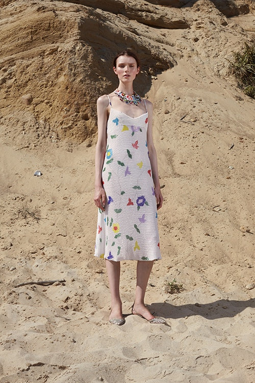 Cynthia Rowley Spring 2016 look 5 featuring a beaded floral knee length slip dress
