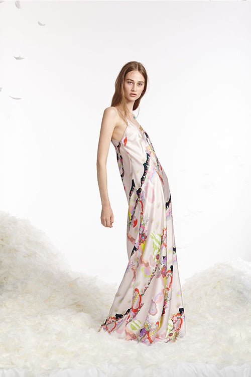 Cynthia Rowley Spring 2017 look 15 featuring a maxi slip dress in light pink printed silk twill