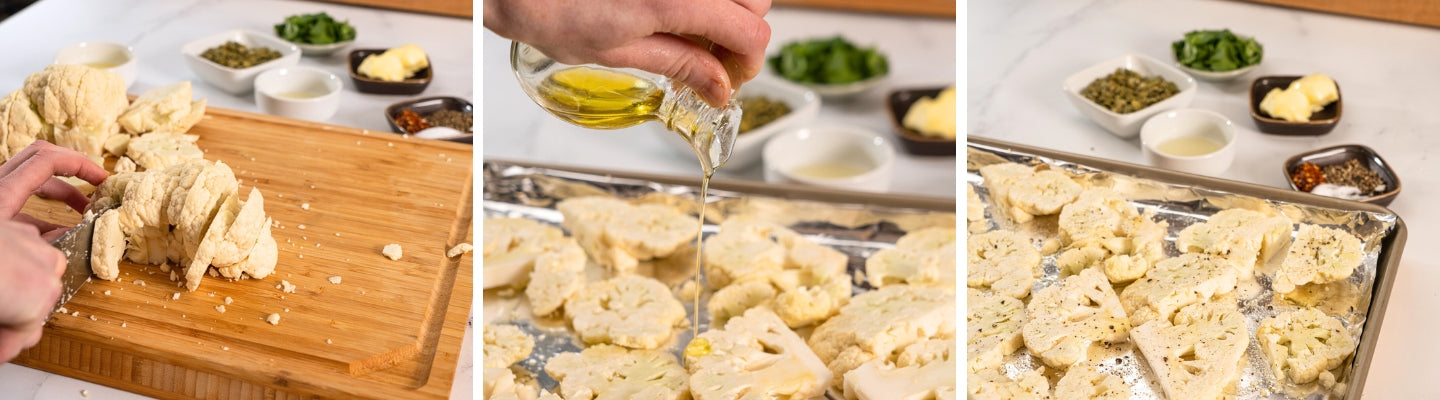 Preheat the oven to 450 degrees and drizzle a baking sheet with olive oil. Slice cauliflower into 1/2 slices, place on the baking sheet, drizzle with oil, season with salt and pepper, and roast until browned on both sides.