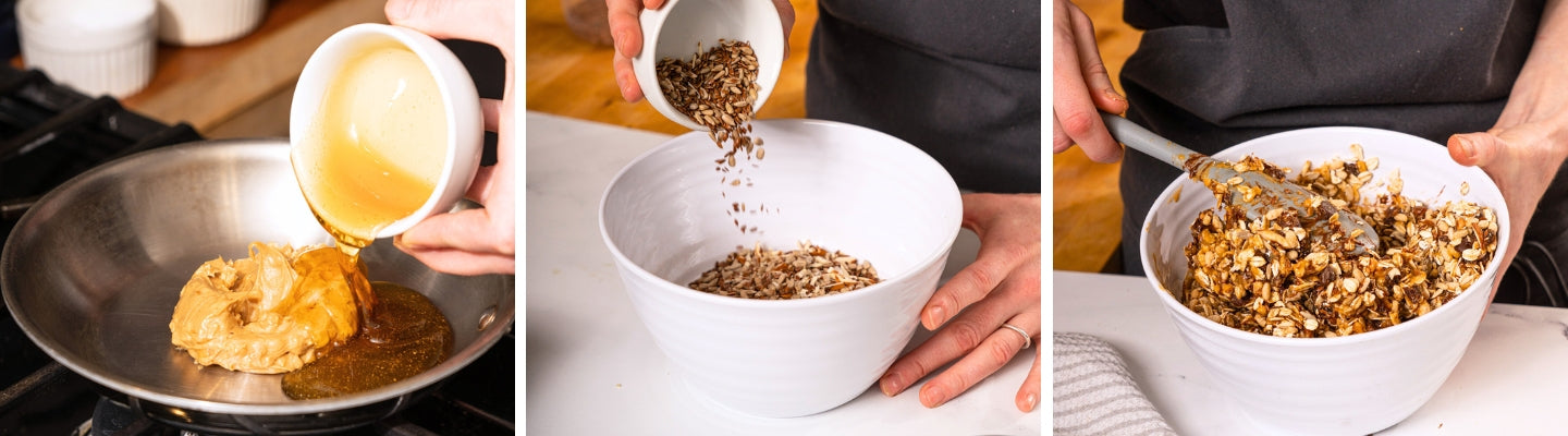 Line an 8" square tin with baking paper. Preheat the oven to 350°F. Spread the oats onto a baking tray and toast for about 10 minutes until lightly browned. Set aside to cool.