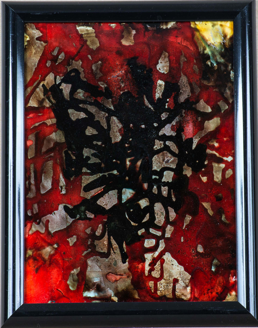 An abstract red, black, and grey alcohol ink by featured artist Linda Walsh.