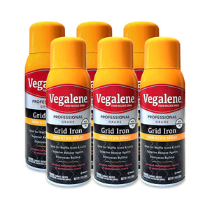 Six cans of the non-stick spray are grouped together. The yellow and black spray cans have the text Vegalene Food Release Spray, Grid Iron Non-Stick Spray for waffle bakers.