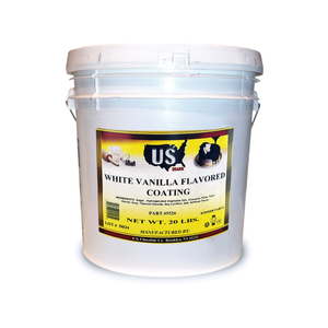 white bucket with yellow label on front of it that reads white vanilla flavored coating isolated on a white background.