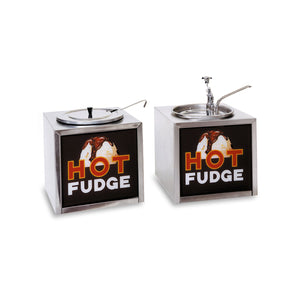 image of hot fudge warmer with dipper and hot fudge dispensing unit with pump