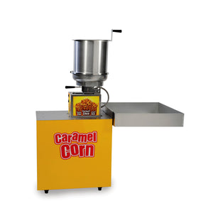 2.5-gallon Karmel Baby Cooker Mixer shown on bright yellow base with red Caramel Corn logo