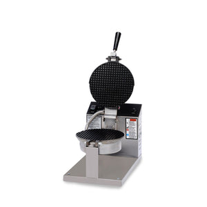 Two, black non-stick, 8 inch round small square grids, opened, with a black handle on top grid, mounted on silver base with electronic control panel behind the grids. 