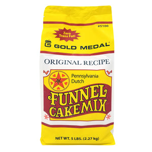 The front side of a 5-pound bag of funnel cake mix with yellow, brown, and black printing.