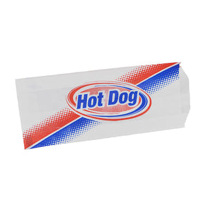 White bag to hold a hot dog with red and blue design and the words hot dog printed on it.