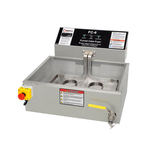 Stainless steel funnel cake fryer, ribbon heat element in tank, right front mounted safety drain with yellow handle, left front mounted emergency stop button. Digital control panel rear mounted above oil tank.