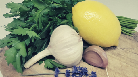 lemons, garlic, parsley, lavender