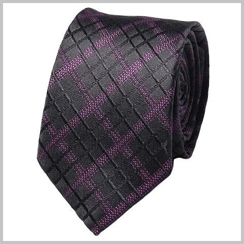 Cravatta attillata a quadri viola nera