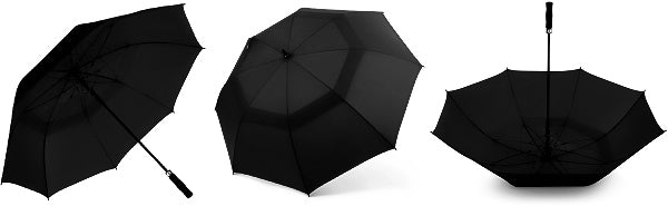 Black large windproof umbrella displayed from different perspectives