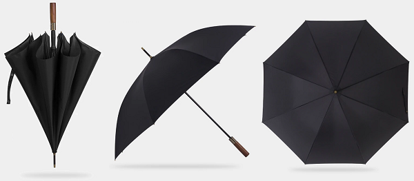 Black strong wooden umbrella displayed from different perspectives