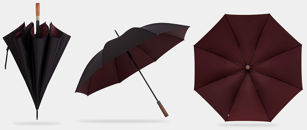 Black & wine red strong wooden umbrella displayed from different perspectives