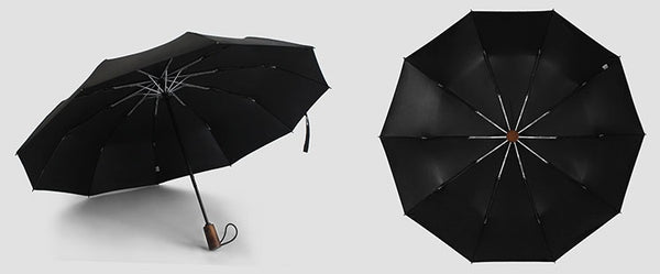 Display of the black wooden handle travel umbrella from different angles