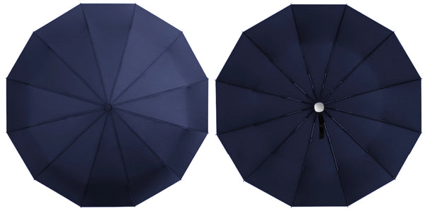 Blue automatic umbrella canopy from above and below