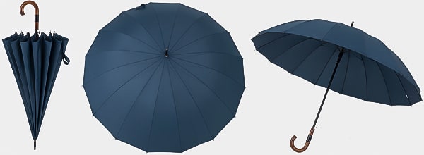 Blue gentleman's windproof umbrella display from three angles