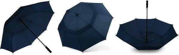 Blue large windproof golf umbrella displayed from different perspectives