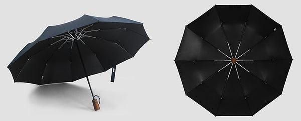 Blue wooden handle travel umbrella from different angles