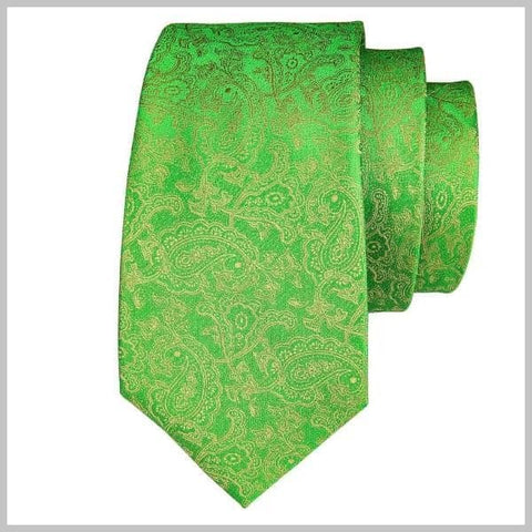 ゴールドのペイズリー模様のグリーン シルク ネクタイ