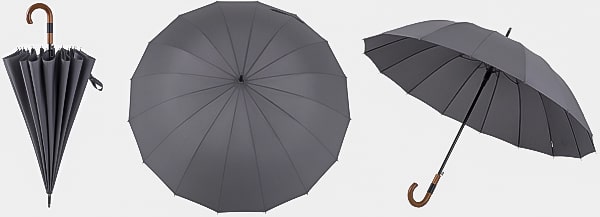 Grey gentleman's windproof umbrella display from three angles