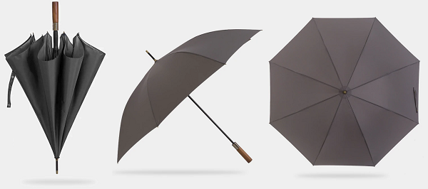 Robusto espositore per ombrelli in legno grigio da diverse prospettive