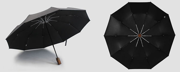 Grey travel umbrella with a wooden handle display