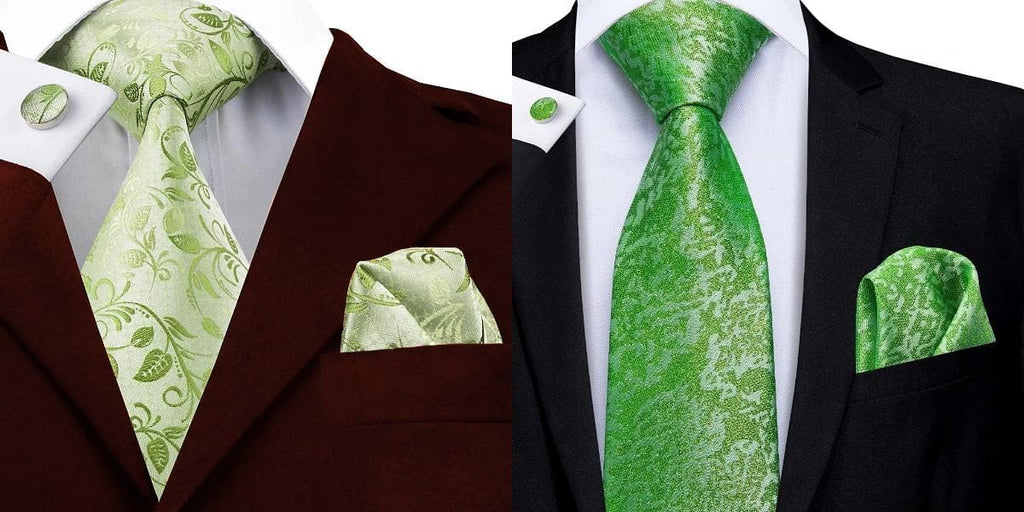 Light green floral tie on a wine red suit and lime green tie on a black suit