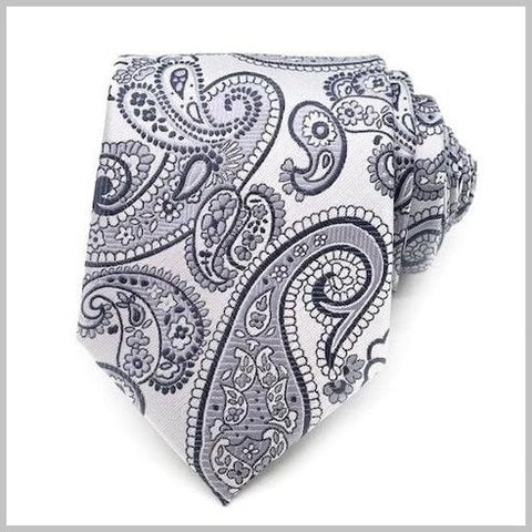Cravatta in seta Paisley bianca argento