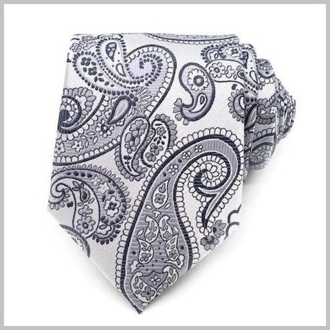 Silver White Paisley Silk Tie