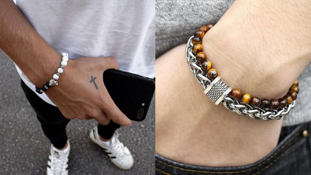 Men's Leather Bracelet with Oval Name Beads in Black Leather