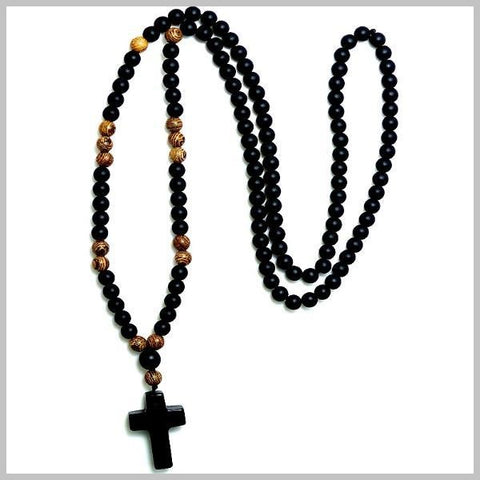 Collana con croce rosario con perline nere