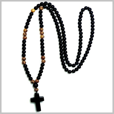 Black beaded rosary cross necklace