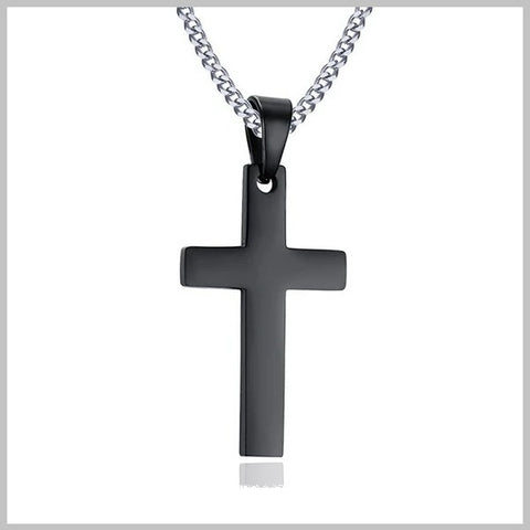 Collana nera con piccola croce cristiana e catena in argento